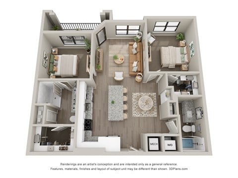 Floor plan for 2 beds, 2 baths, 1019 sqft